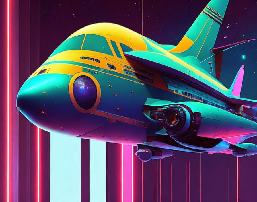 Futuristic airplane illustration with neon highlights under purple sky