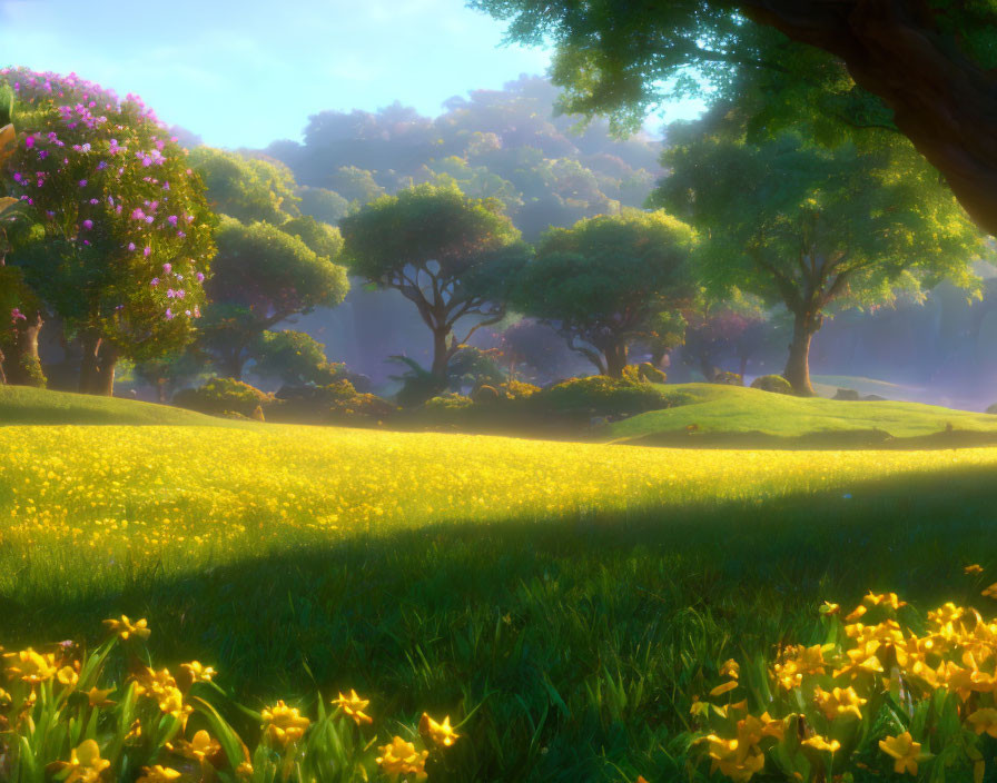 Tranquil landscape with yellow flowers, green trees, and soft sunlight glow