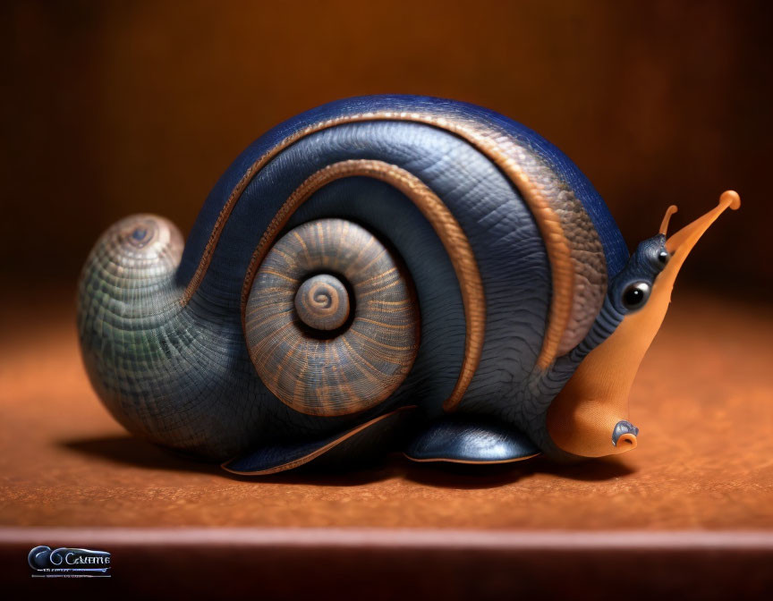 Detailed 3D Computer-Generated Snail with Blue and Gold Shell on Amber Background