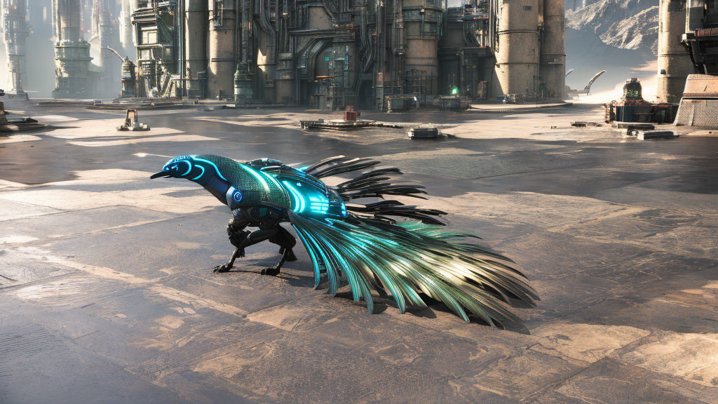 Futuristic peacock with glowing blue patterns in industrial setting