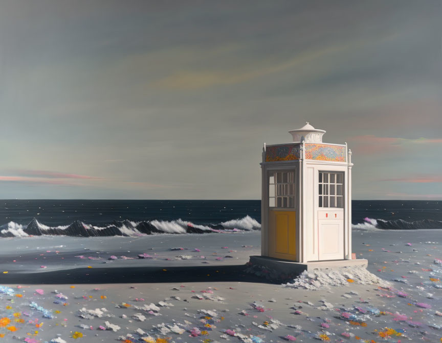 Surreal painting: Telephone booth on sandy shore with flowers, twilight sky, rolling waves