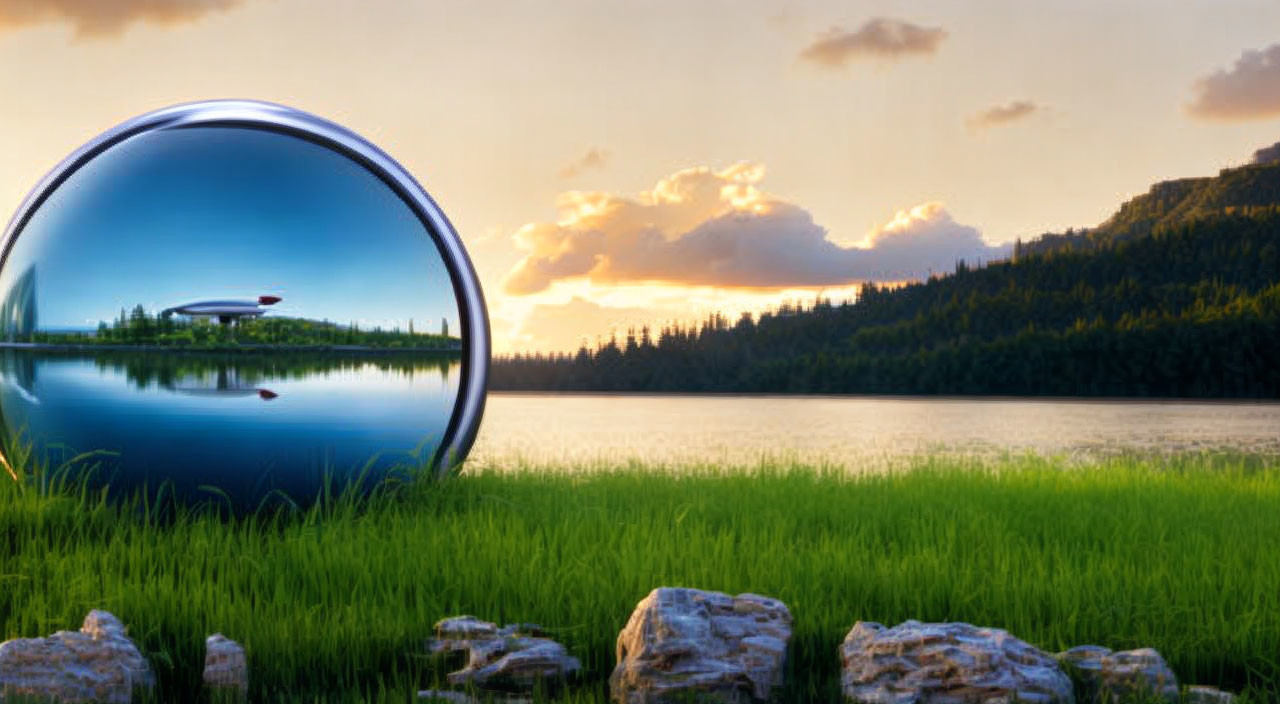 Spherical object reflecting sunset on lakeshore