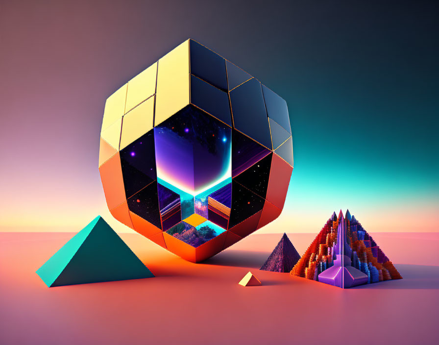 Surreal geometric cube with cosmic scenery and colorful shapes