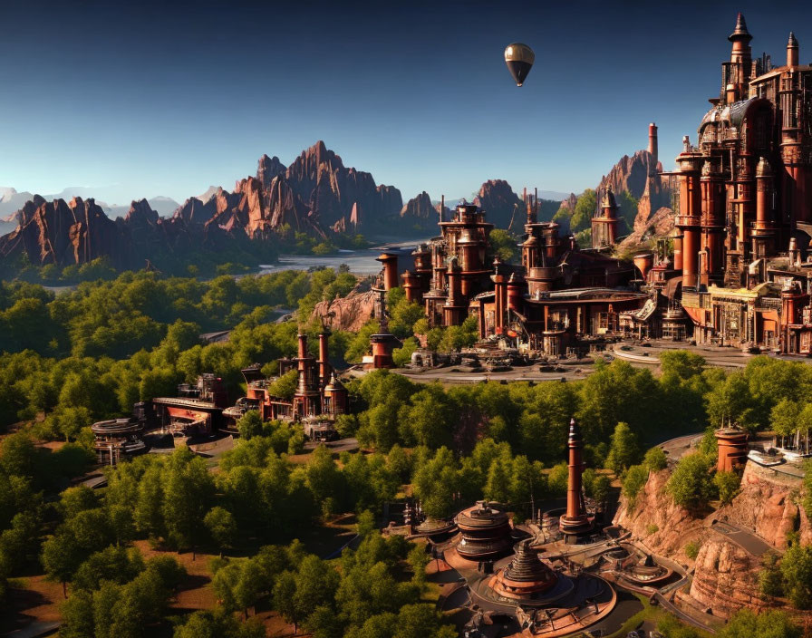 Industrial complex with towers and pipes in lush landscape with mountains and hot air balloon.