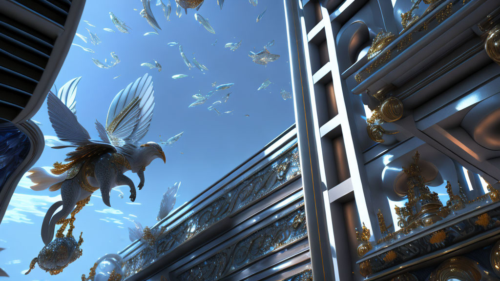 Winged horse flying among fish in sky with floating water and architectural structure