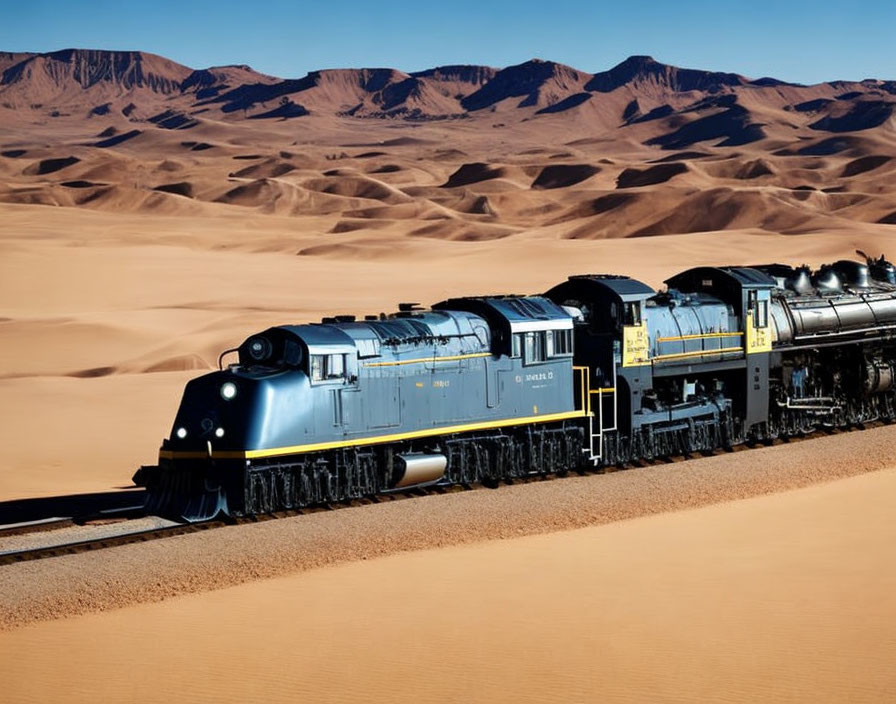 Vintage blue and yellow locomotive train in desert landscape with sand dunes and mountains.