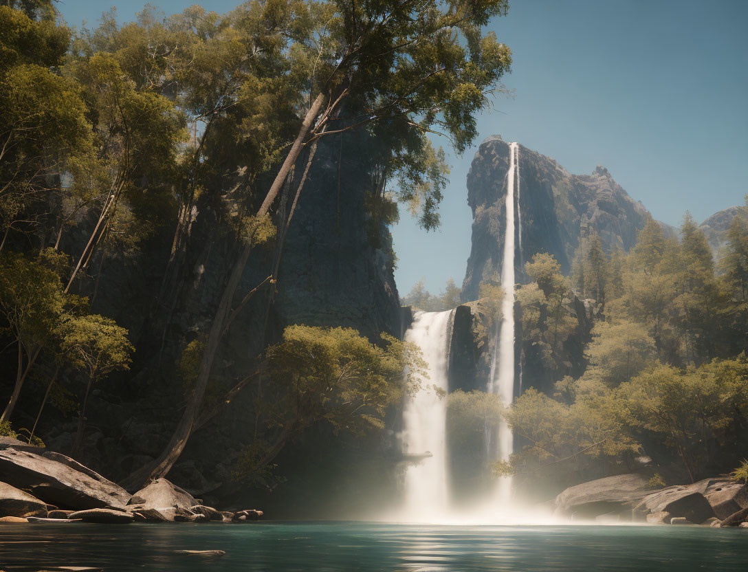 Tranquil waterfall in lush greenery and cliffs