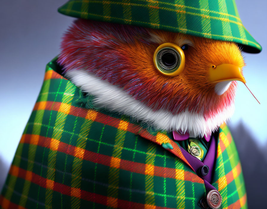 Colorful Bird in Tartan Outfit with Yellow Eyes