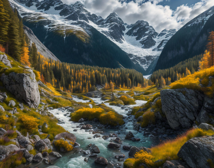 Scenic autumn mountain valley with golden trees, rocky river, and snow-capped peaks