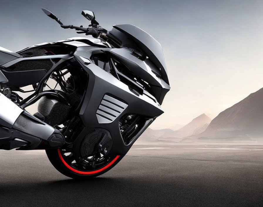 Futuristic black motorcycle with red trim on front wheel, against mountain backdrop