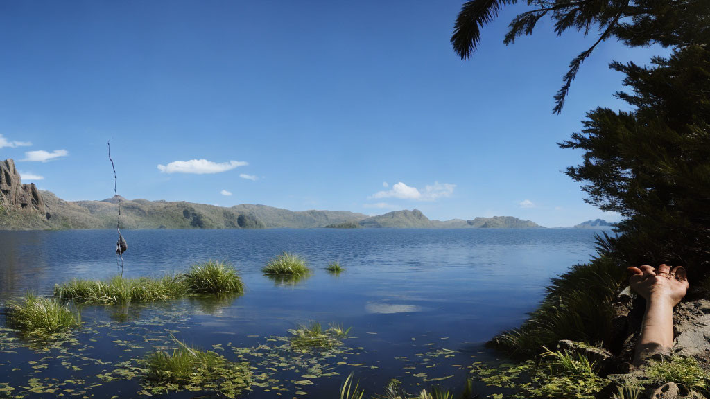 Tranquil Lake Scene with Mountains and Person's Feet