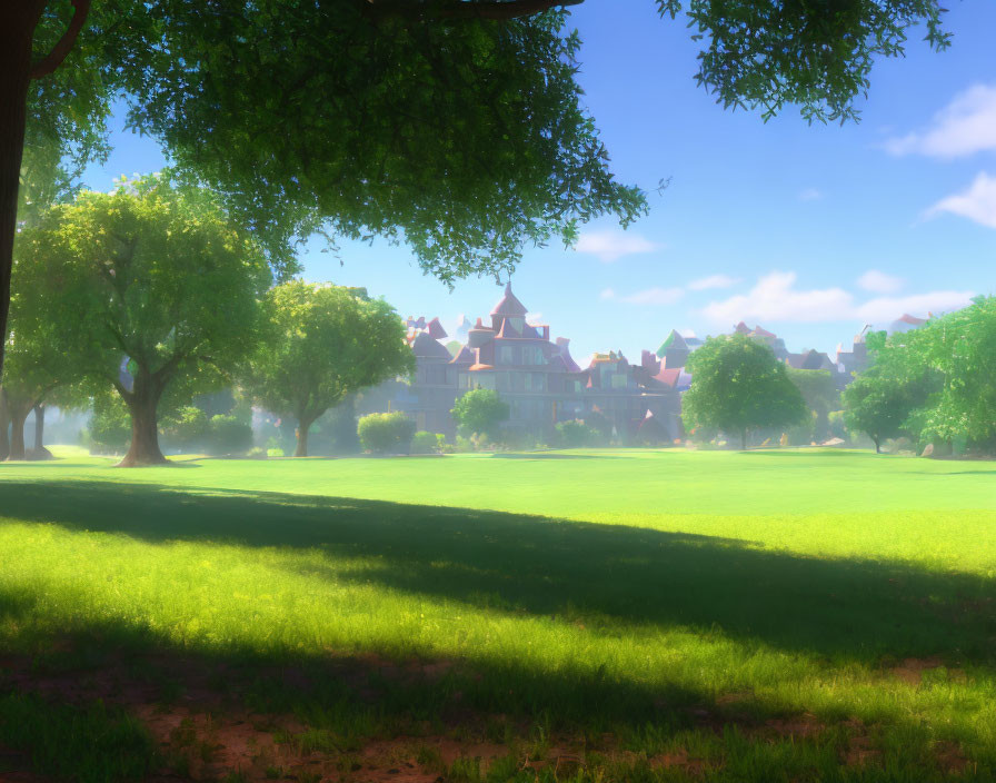 Tranquil park scene with green grass, trees, grand house, and blue sky