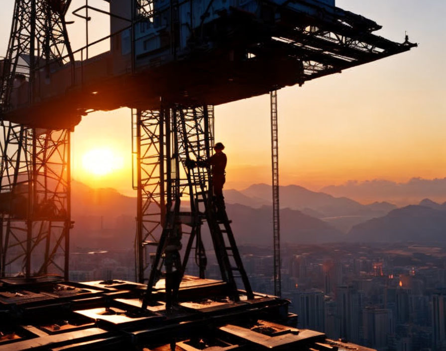 Construction worker silhouette on scaffolding with crane, cityscape, mountains, and sunset.