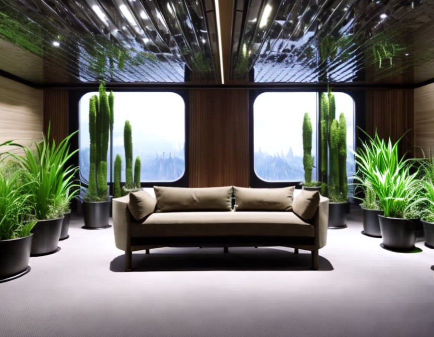 Contemporary room with large windows, beige couch, green plants in black pots, wood paneling,