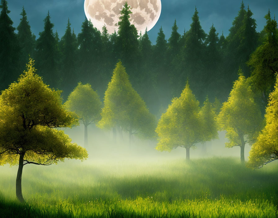 Serene night scene with full moon above misty forest clearing