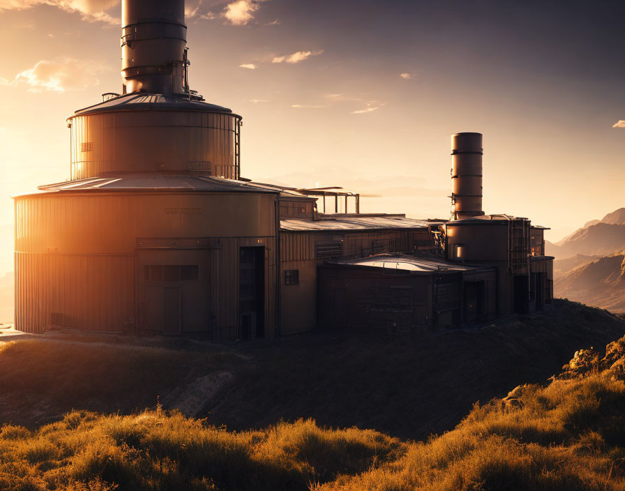 Industrial facility with large silos and pipes in mountainous sunset scene.