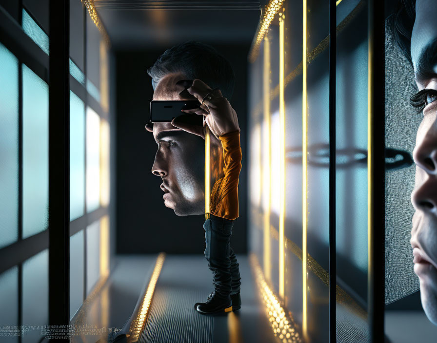 Man in Dark Room Lit by Server Racks Peering at Smartphone