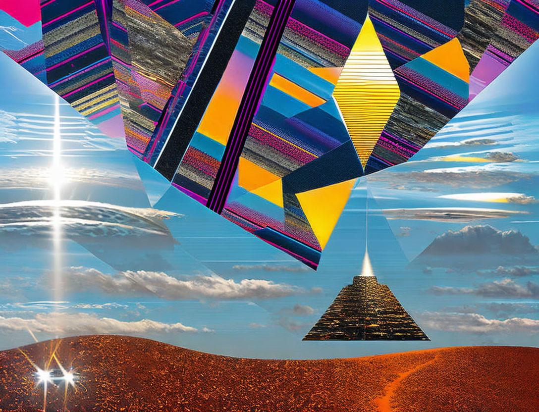 Colorful Abstract Collage: Geometric Shapes & Textured Patterns on Desert Landscape