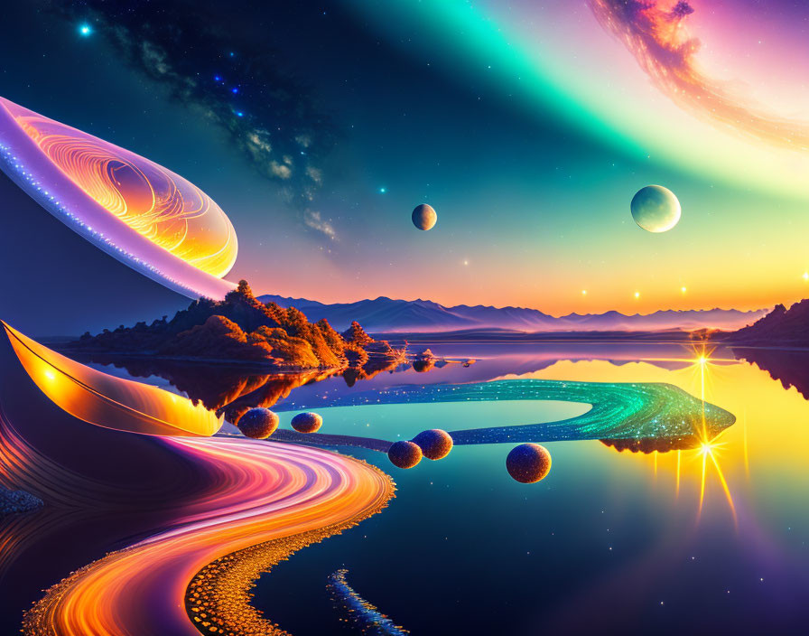 Surreal digital art: vibrant landscape with multicolored sky & glowing pathway