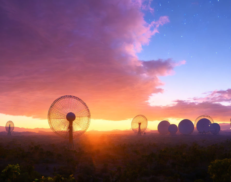 Large Radio Telescopes at Sunset in Desert Landscape