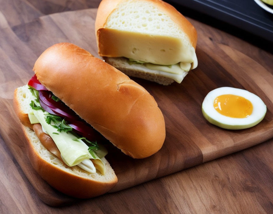 Cheese, Lettuce, and Sausage Sandwich with Boiled Egg on Wooden Board