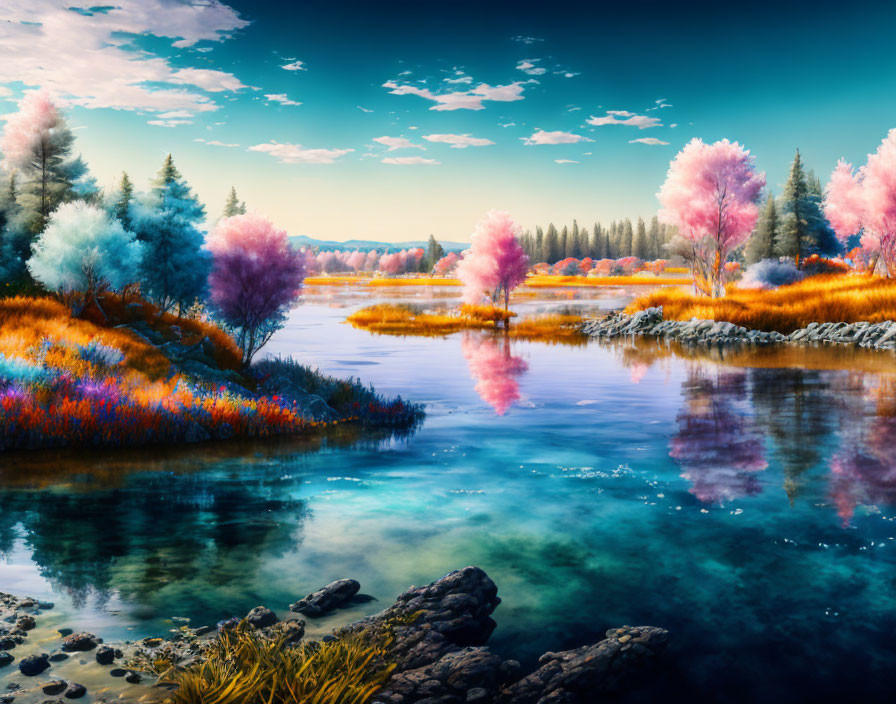 Colorful Landscape with River, Trees, and Blue Sky