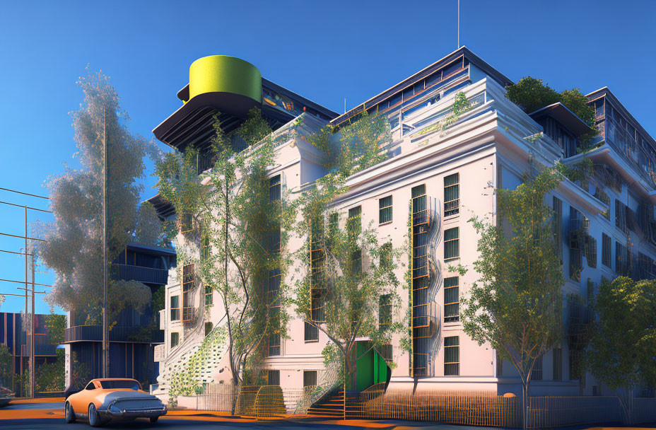 Distinctive urban building with green top hat-like structure, trees, car, blue skies