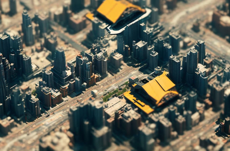 Dense Urban Cityscape with Tilt-Shift Effect and Futuristic Flying Vehicle