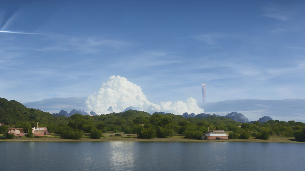 Scenic lake view with houses, mountains, and smoke plume