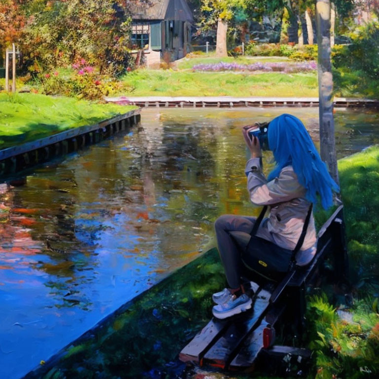 Blue-haired person on wooden dock by serene river in vibrant garden.