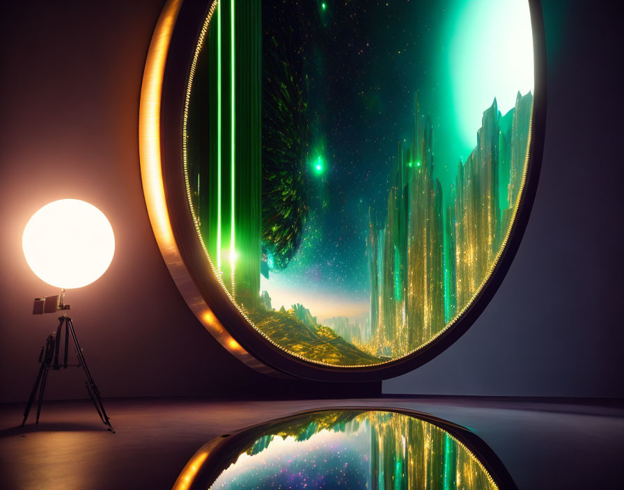 Surreal room with circular portal and glowing landscape view