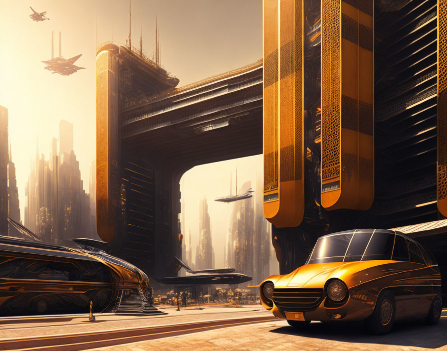 Futuristic cityscape with towering buildings and flying vehicles in golden light next to classic car on broad