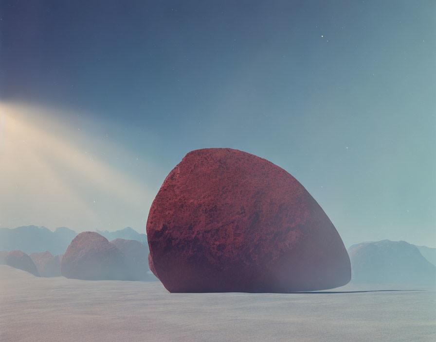 Surreal image of red boulder on flat surface with mountains and twilight sky.