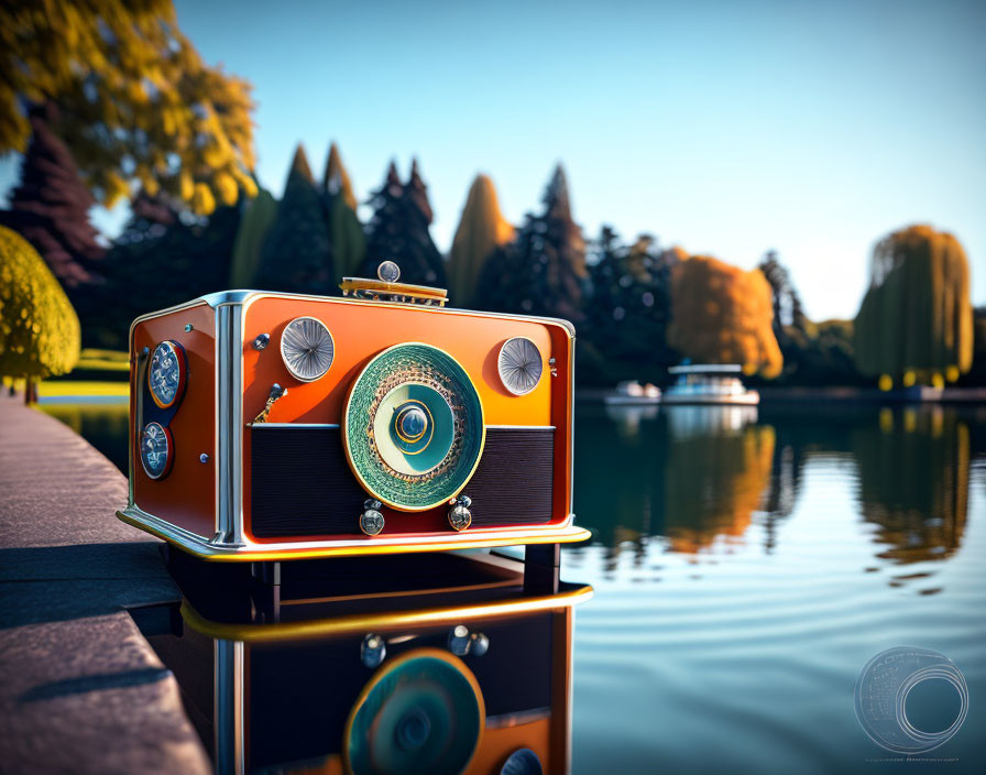 Vintage Orange Radio by Lakeside with Tranquil Water and Lush Trees