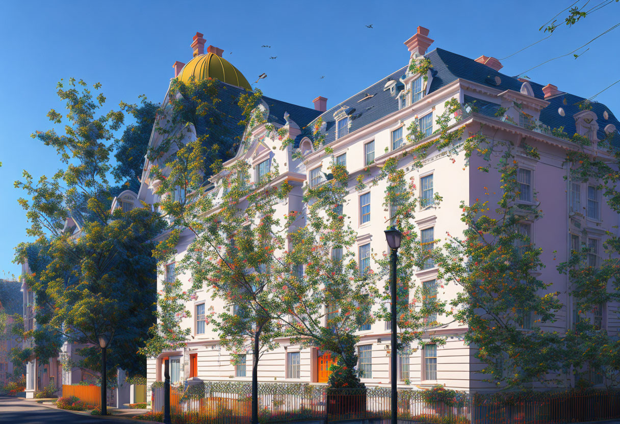 European-style buildings with ornate facades in soft sunlight, surrounded by lush trees and birds under clear