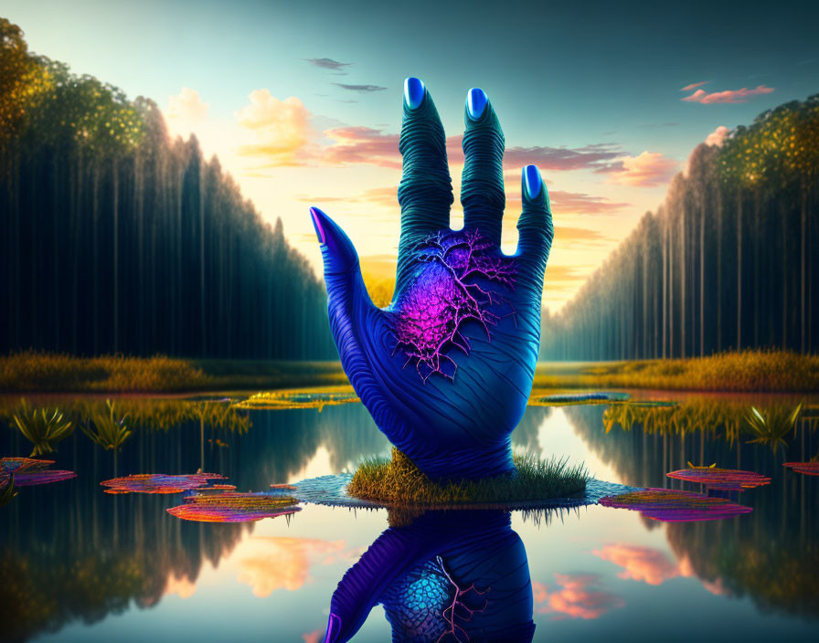 Surreal landscape with blue hand, pink lightning, forest, and water lilies