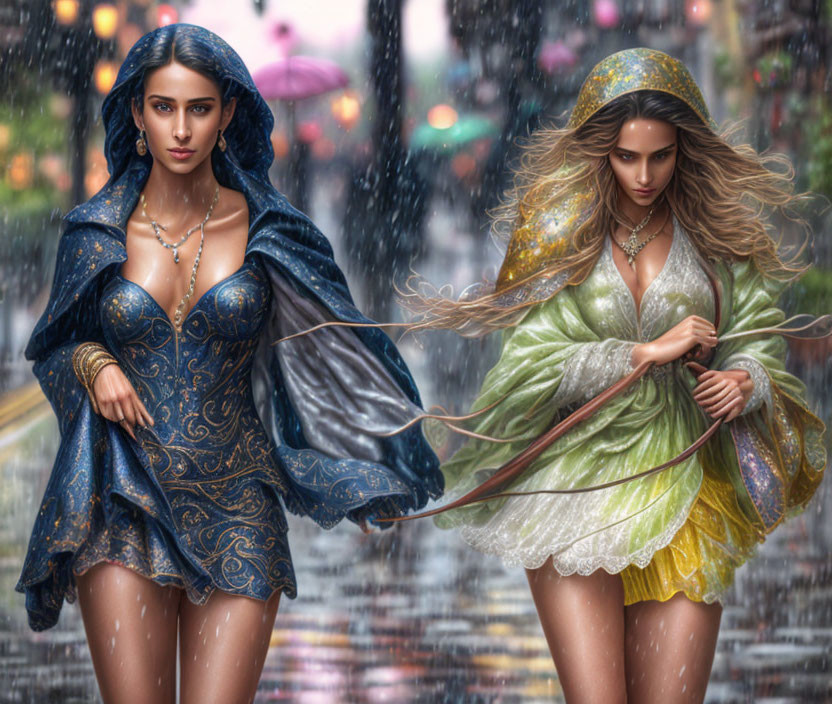 Two women in blue and green cloaks walking in the rain with intricate dresses.