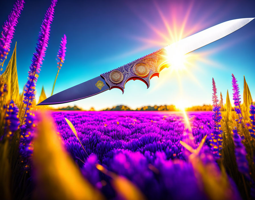 Decorated handle knife above vibrant lavender field under bright sky