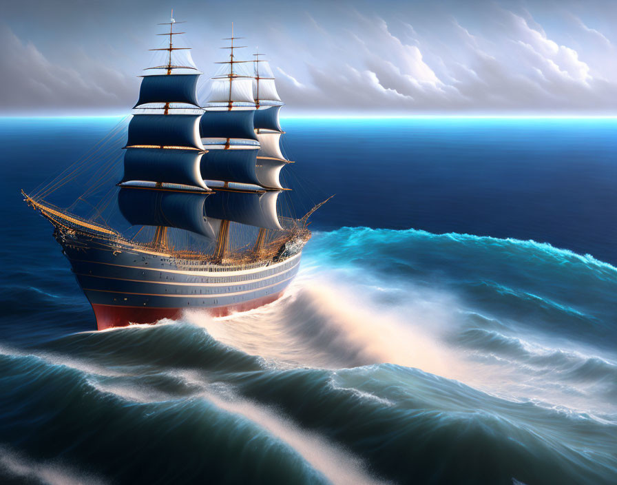 Tall ship with unfurled sails on stormy seas