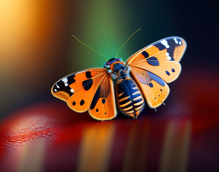 Colorful Butterfly with Orange Wings on Red Surface in Blurred Background