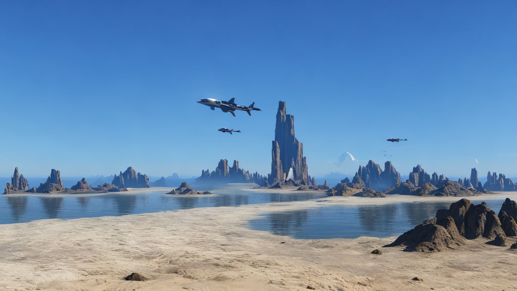 Desert landscape with rock formations, water, and futuristic aircraft.