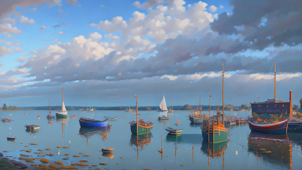 Tranquil harbor scene with sailboats, calm waters, and vibrant sky