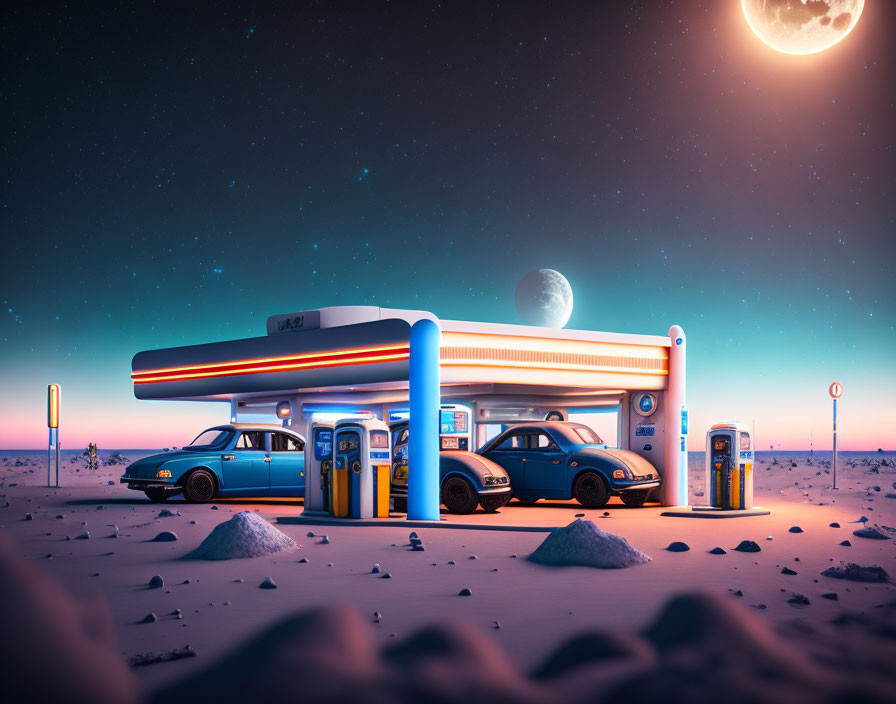 Vintage cars at retro-futuristic gas station in desert twilight