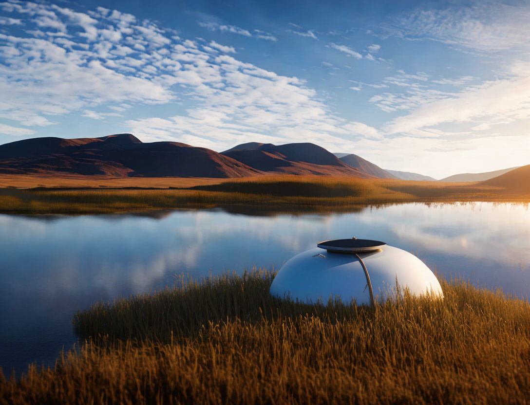 Tranquil landscape with reflective lake, golden grass, hills, blue sky, and futuristic structure