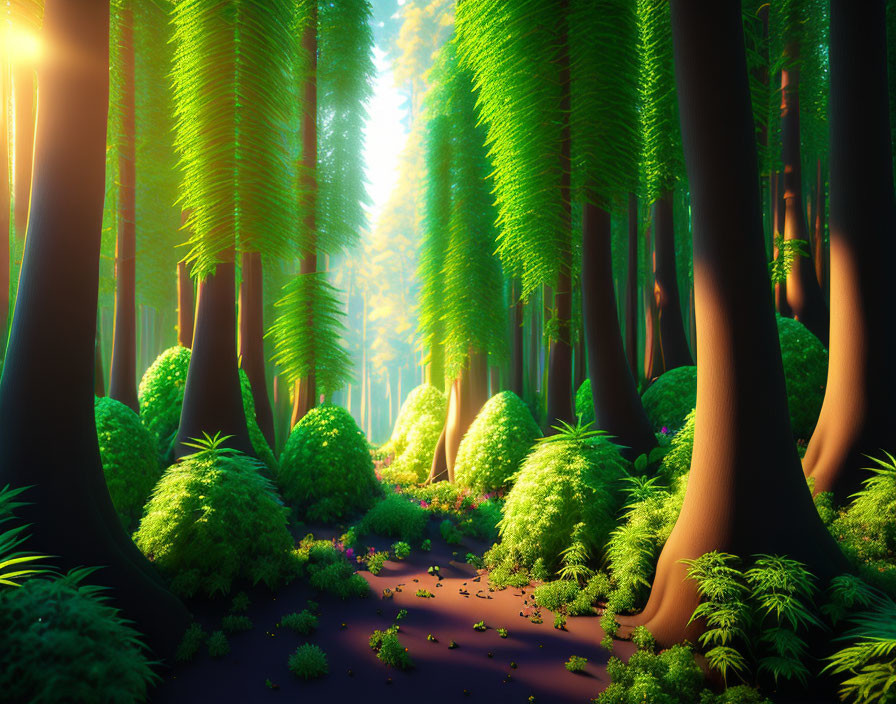 Vibrant green forest with sunlight filtering through