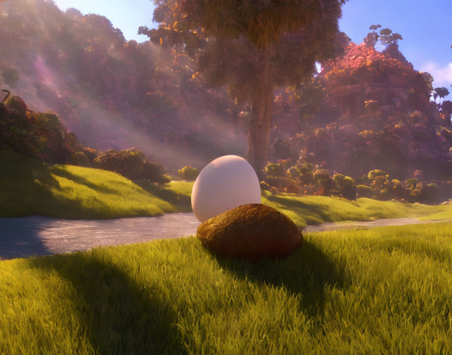 Large Egg Nested in Sunlit Forest Beside Calm Stream