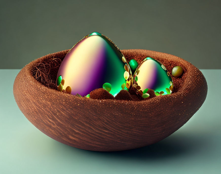 Shiny iridescent eggs in textured brown bowl with metallic beads and green tendrils