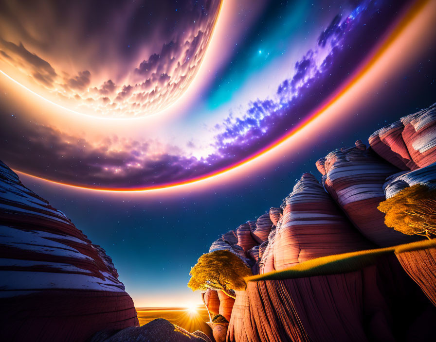 Striped rock formations under vibrant night sky with aurora swirls