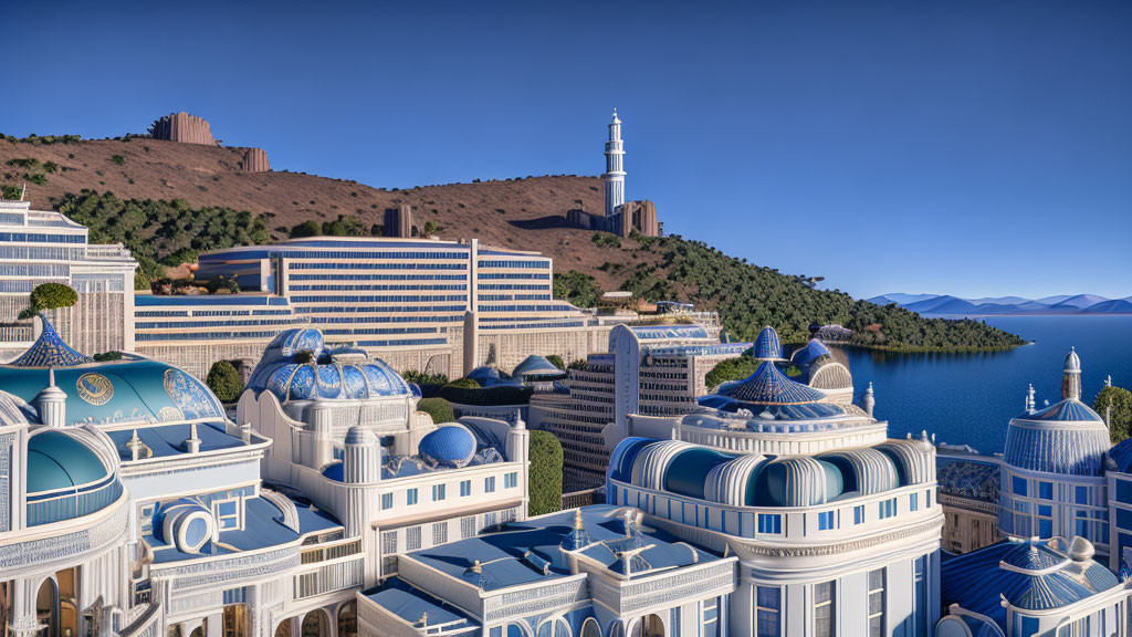 Scenic coastal resort with white and blue buildings and a lighthouse