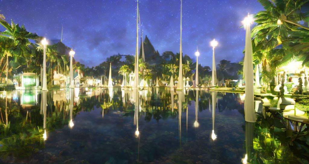 Tranquil tropical marina with sailboat masts under starry sky